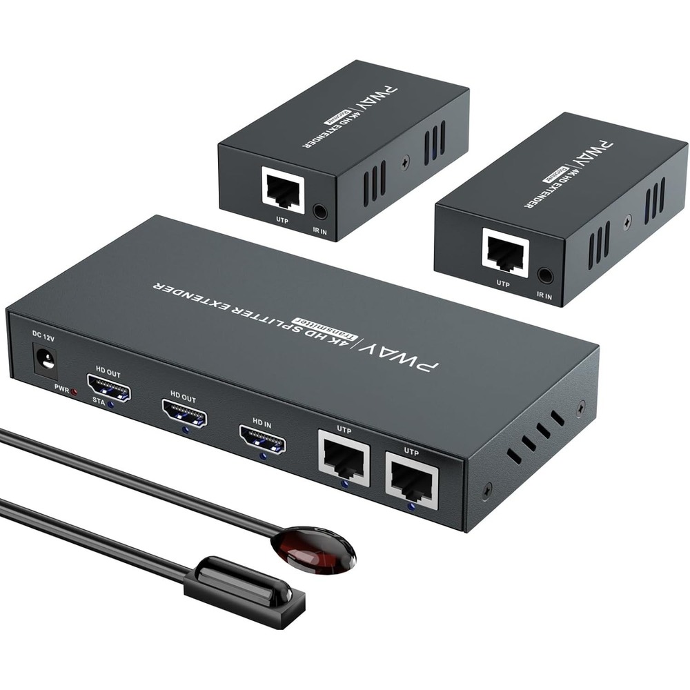 PWAYTEK HDMI Extender 1x2 4K60 Cat6 Splitter 60m IR EDID TX‎ RX Kit